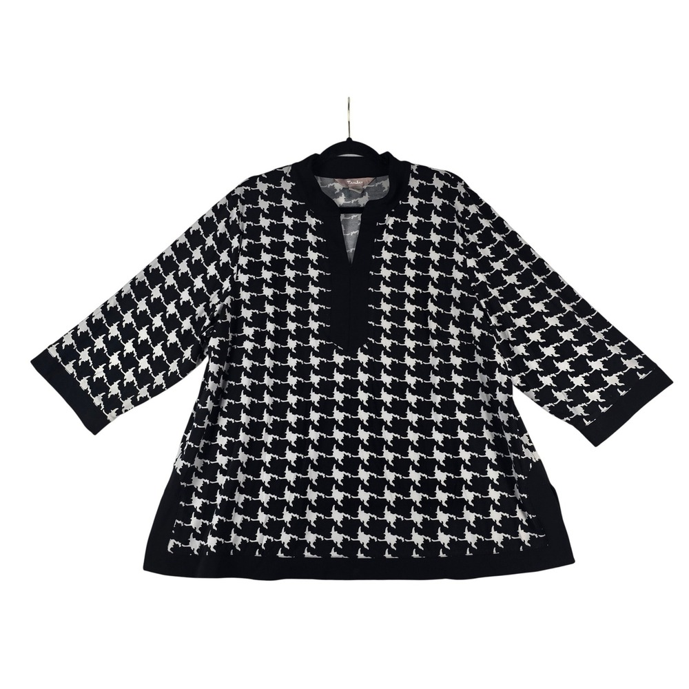 Tanjay Houndstooth Tunic Top Women XL Black White 3/4 Sleeve Split Neck Stretch
